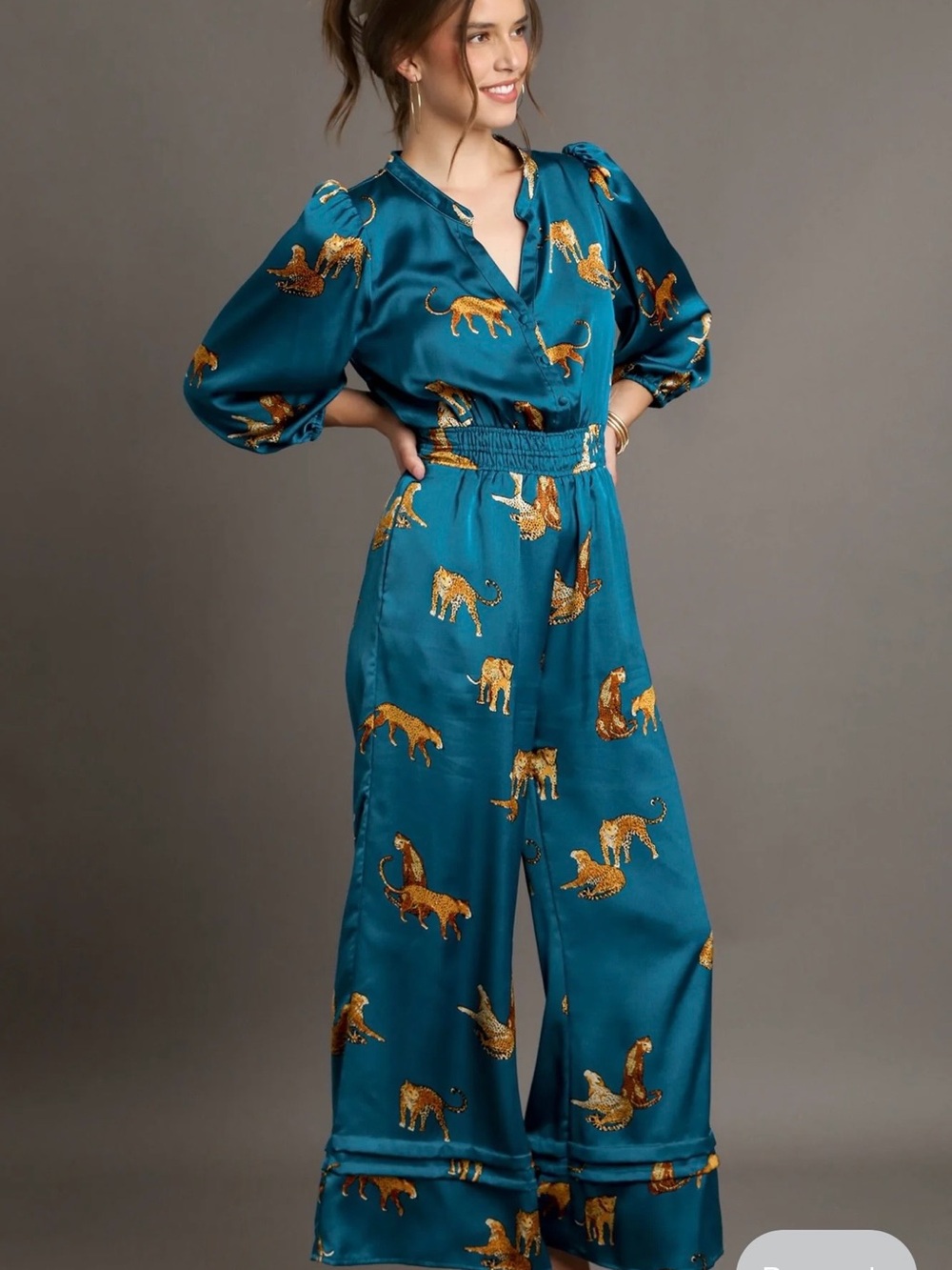 NWT Umgee Teal Satin Animal-Print Jumpsuit